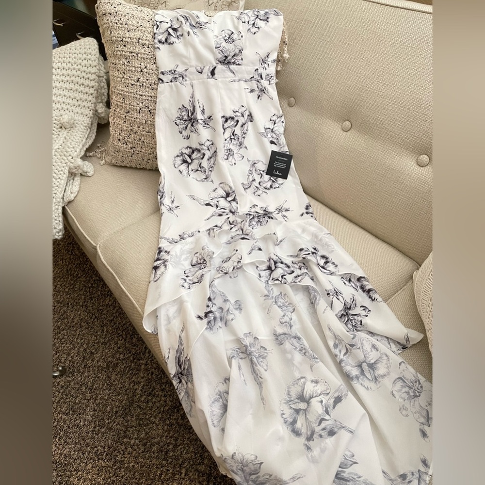 LULUS Darling Daylily Black and White Floral Print High-Low Maxi Dress NWT